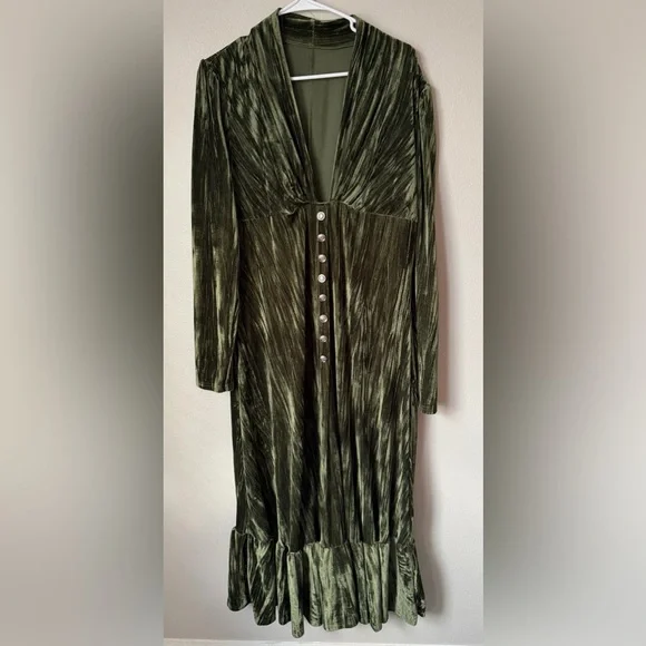 Olive Green Velvet Button-Front Midi Dress Women’s XXL Whimsigoth Fairy - Picture 2 of 4